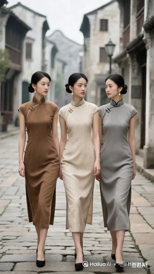 三个美女，面带微笑地走在街巷子里。 by Hailuo AI Video Generator