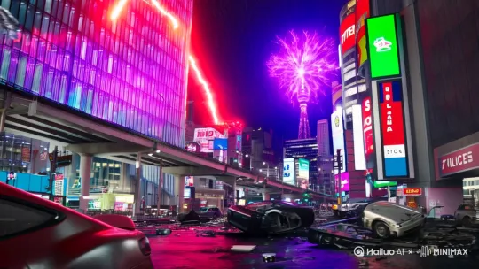 以下是为您优化后的视频生成prompt（分镜脚本）：

【场景设定】
东京涩谷十字路口黄昏时分，霓虹广告牌在雨幕中折射出迷离光影，涉谷sky大厦玻璃幕墙倒映着猩红能量光束，街道上散落着被掀翻的汽车残骸和断裂的电线杆，远处东京塔被紫色能量罩扭曲变形。

【镜头语言】
1. 中景推轨镜头：汤姆猫弓身蹲踞在丰田Supra车顶，琥珀色瞳孔倒映着逼近的赛罗，机械尾巴因蓄力而展开金属刺棘，背景虚化的711便利店招牌正闪烁着故障红光。

2. 近景仰拍：赛罗银红相间的装甲布满划痕，右臂等离子火花枪迸发电弧，突然暴起的闪电照亮他狰狞的面部裂痕，背景高架桥上4辆警车正失控翻滚。

3. 动态跟拍：汤姆猫甩动缠绕着数据光缆的尾巴击碎路面，慢动作展现混凝土碎块飞溅轨迹，飞起的易拉罐被赛罗发射的梅塔利姆光线瞬间气化。

【动作设计】
• 汤姆猫：爪尖弹出纳米利刃与赛罗的光之国短剑对撞迸发蓝色等离子火球
• 赛罗：突然瞬移闪现至汤姆猫背后，但被预判的汤姆猫用尾巴卷住奥特曼头部实施过肩摔
• 联动特效：汤姆猫跃起时踩踏的消防栓喷出高压水柱，被赛罗的斯派修姆光线加热成红色蒸汽云团

【氛围强化】
• 环境交互：被震碎的自动贩卖机不断掉落饮料瓶，每瓶饮料落地都触发小型爆炸
• 天气系统：带辐射尘的酸雨在接触汤姆猫的防护罩时嘶嘶作响，蒸腾起荧光绿雾气
• 能量可视化：两人对波时中间形成黑色引力漩涡，吸附着路过的汽车零件组成旋转的死亡漩涡

【转场设计】
当汤姆猫被击退至涩谷全向路口大屏时，屏幕突然播放《猫和老鼠》经典动画片段作为障眼法，趁赛罗愣神瞬间，汤姆猫从屏幕后方发动电磁脉冲突袭。 by Hailuo AI Video Generator