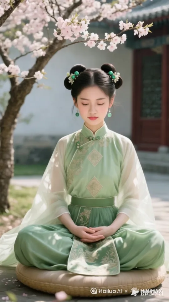 [固定镜头]衣袂飘飘，发丝飘飘，树枝摇曳，花瓣飘落。人物固定 by Hailuo AI Video Generator