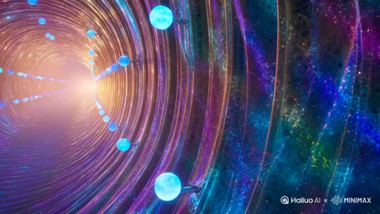未来世界:人在时空中穿梭，人可以在时间隧道里，借用量子纠缠，穿越回古代的几世前生，又会预测并穿越到自己未来几世的来生，甚至，可以借助高科技，飞出太阳系，甚至银河系 by Hailuo AI Video Generator