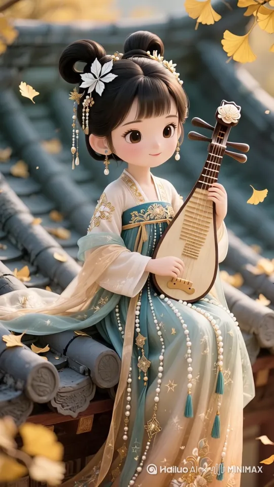 小女孩弹着琵琶动作娴熟自然[变焦拉远] by Hailuo AI Video Generator