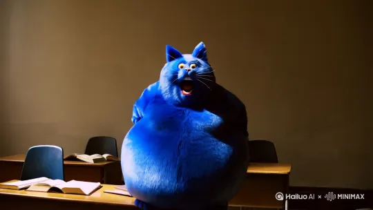一只胖胖的蓝猫人在教室里面乱叫、发疯 by Hailuo AI Video Generator