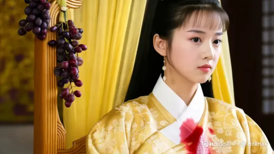
### **三、杨贵妃：盛唐气象中的危险情欲**
**近景（0-3秒）**
- 葡萄汁液沿胸口流经金丝牡丹，触发织物变色反应（从明黄渐变为血红）
- 贵妃榻镶嵌的西域幻术镜，映出多重衰老面容幻影

**中景（3-6秒）**
- 披帛采用唐代"夹缬"工艺，旋转时显现安禄山胡旋舞剪影
- 足踝金铃刻有玄宗诗作，随舞动在地面烙下"祸"字印记

**远景（6-10秒）**
- 华清池水面浮现马嵬驿地形图，花瓣组成军队行进路线
- 火光中隐现梨树投影，枝条如绞索缠绕宫阙

--- by Hailuo AI Video Generator