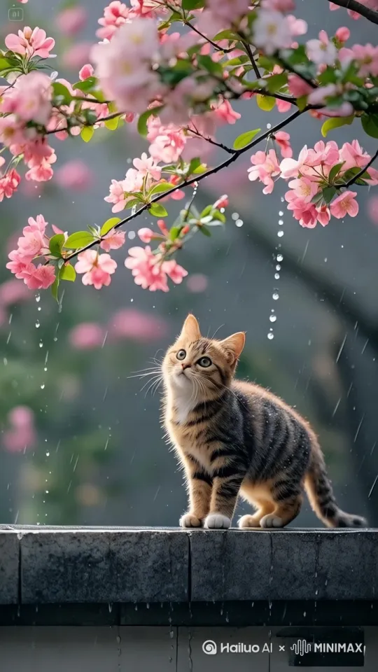 - 开场镜头：细雨如丝，以特写聚焦在一只斑纹小猫身上，雨滴落在它的毛发上，晶莹闪烁 。
 
- 平移镜头：镜头缓慢平移，展现小猫所处的石质台面，雨水顺着台面边缘滑落。
 
- 上移镜头：镜头上移，粉嫩的海棠花枝闯入画面，花瓣带雨，娇艳欲滴，雨滴从花枝坠落。
 
- 环绕镜头：镜头环绕小猫与花枝，多角度呈现小猫好奇张望雨滴、与落花互动的模样 。
 
- 收尾镜头：远景拉远，将小猫、花枝与朦胧雨景一并纳入，画面渐暗，留住这份雨中的温柔与惬意。[固定镜头] by Hailuo AI Video Generator