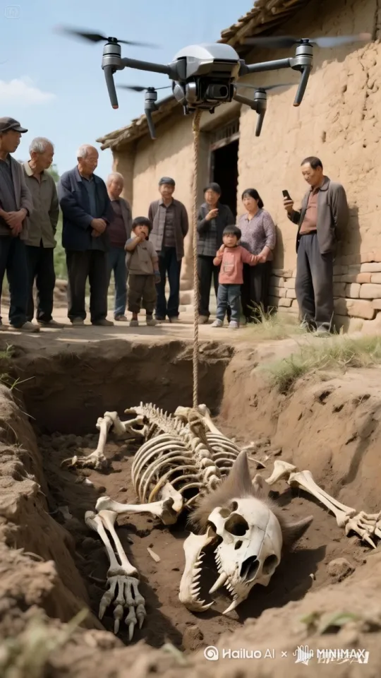 无人机迅速靠近，把骸骨从土坑里吊到了半空中，镜头移动，动态跟随。 by Hailuo AI Video Generator
