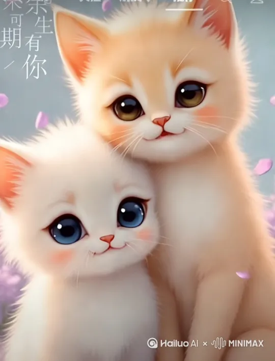 图中是两只可爱的猫咪，画面左侧配有文字“余生有你 未来可期” 。这是表达美好期许与陪伴之情的温馨话语，常被用于传递对亲密之人的爱意、对未来生活的期待。在社交媒体或日常交流中，人们会用这类图文表达对亲友的情感，或当作手机壁纸，寄托对美好生活的向往。 by Hailuo AI Video Generator