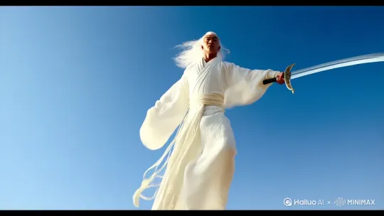 一名白发，穿着白袍的修士漂浮在半空中，手中长剑向前斩去，一道剑芒射出，命中了前方一座山峰，引起巨大的爆炸 by Hailuo AI Video Generator