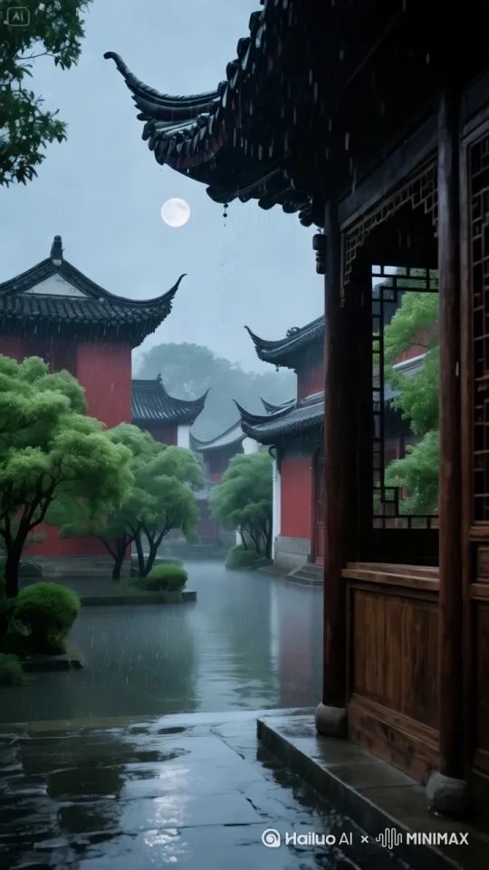 雨中，中式古建筑群错落，飞檐翘角、红墙黑瓦。右侧木质门窗框内，雨滴如丝幕洒落，绿树点缀，地面泛着湿意光泽。
[右移] by Hailuo AI Video Generator