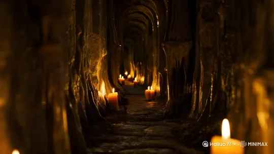 A dim corridor stretches endlessly, flickering candlelight casting grotesque shadows on damp stone walls as echoing footsteps crescendo—suddenly the camera whips downward revealing a tabby kitten batting at fallen candle wax, its tiny paws glowing amber in the pooled wax light, the "threatening" footsteps now sync with the cat's playful bounces between dripping stalactites. by Hailuo AI Video Generator