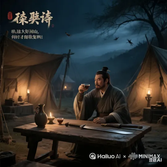 [左移,推进,右摇]一天，辛弃疾独自喝酒喝醉了，醉眼朦胧，心中哀伤，这大宋大好河山何时才能收复啊，想起了自己的抱负，于是拿针挑了挑灯芯，让灯光更亮，从墙壁上拿起了自己心爱的宝剑，仔细观瞧起来。宝剑依旧锋利，虽然有不少灰尘，但是仍是一把上阵杀敌的好手，可以就这样埋没了，心中感叹不已。于是弹弹剑身，慢慢的开始舞起了剑 by Hailuo AI Video Generator