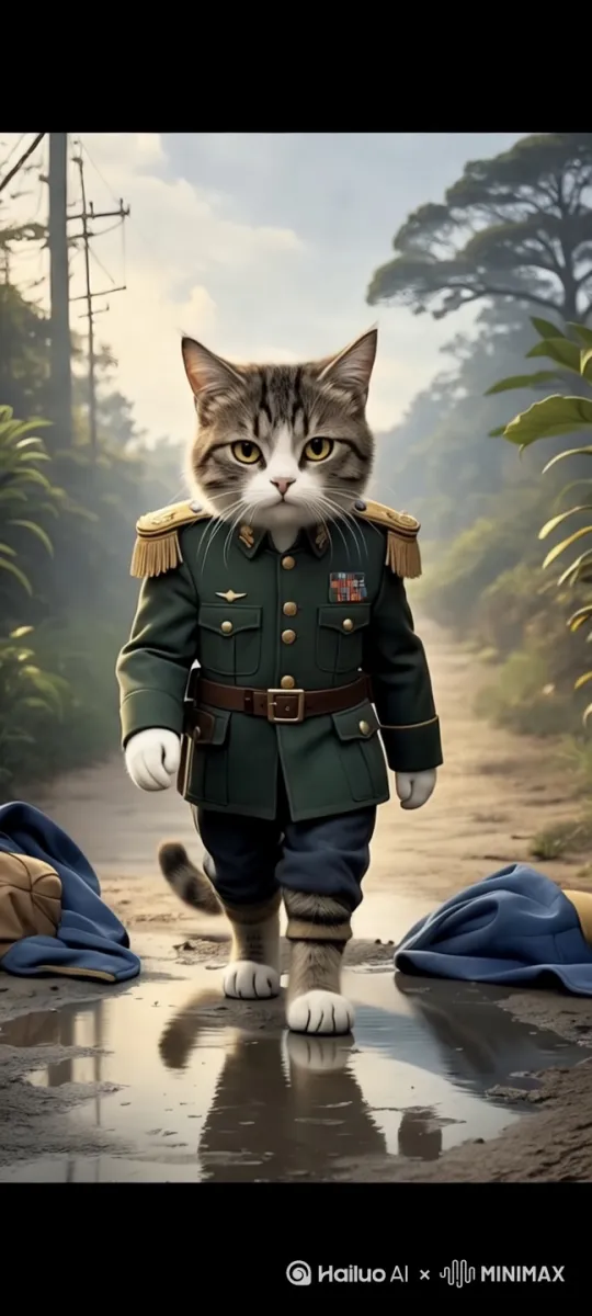 军猫中尉麦克的介绍

镜头聚焦在一只穿着整齐军装的猫咪身上，它正站在一个指挥台上，用爪子指着一张地图。
麦克（自信的声音）：“士兵们，我们的目标是找到并摧毁敌人的秘密武器库。”
 by Hailuo AI Video Generator