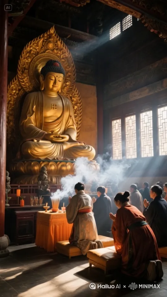 全景    古寺的大雄宝殿，香烟袅袅，信徒们虔诚地跪拜祈福，阳光透过窗户洒在佛像上，佛像庄严肃穆，散发着慈悲的光芒。 by Hailuo AI Video Generator