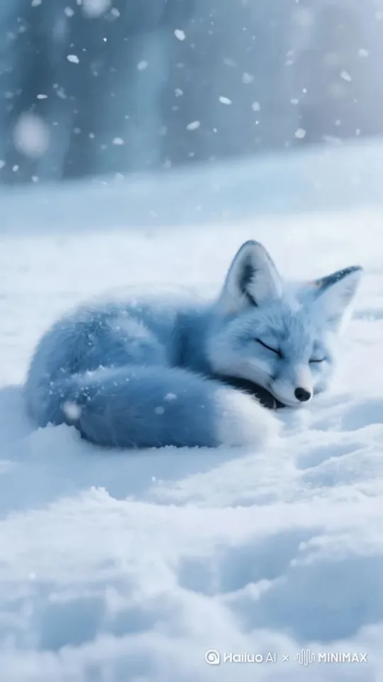 围绕主体镜头慢慢推近冬日漫天飞舞的雪地上，一只小狐狸闭目睡觉，雪花飘飘洒洒的落在它的身上，地上的雪也被风吹起来扬扬洒洒，符合逻辑，自然，4K，高清， by Hailuo AI Video Generator