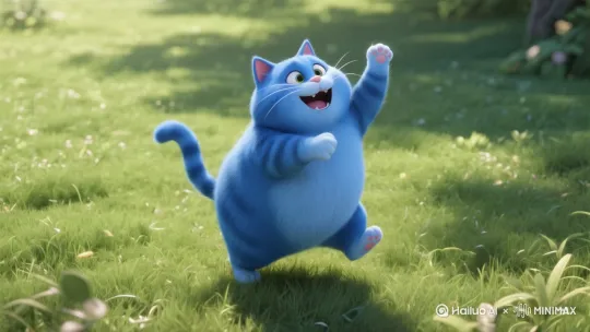 蓝色胖猫在草地上欢快地雀跃 by Hailuo AI Video Generator