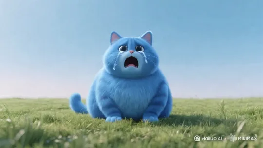 蓝色胖猫在草地上痛哭3秒钟 by Hailuo AI Video Generator