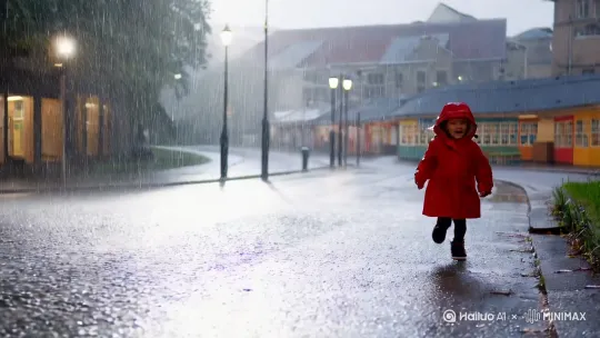 小女孩雨中奔赴幼儿园 by Hailuo AI Video Generator