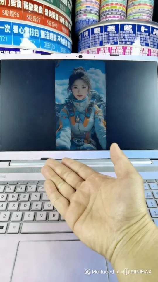 中国美女，从电脑屏幕里走出来到屏幕外，停在屏幕前的手掌上微笑讲话，细节连贯，真实，人物和衣服还原度高，符合逻辑，丝滑流畅 by Hailuo AI Video Generator