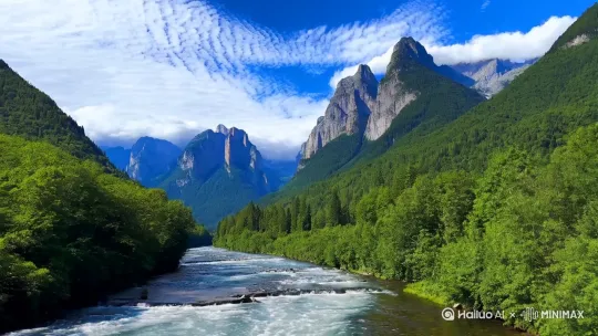 山川如画，蓝天白云，绿树环绕，这是一片宁静而美丽的景色。 by Hailuo AI Video Generator