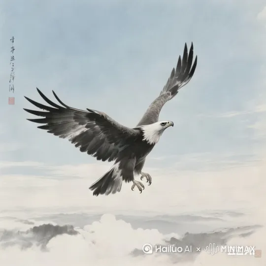 雄鹰扇动翅膀向前飞翔，，云层飘动，意境悠远。 by Hailuo AI Video Generator