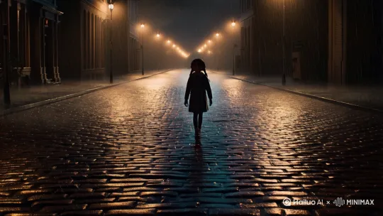 制作一段视频：一个漂亮的外国小女孩穿过一段长长的雨后的街道，身后空无一人，远处是一个庞大的怪兽在追赶她 by Hailuo AI Video Generator
