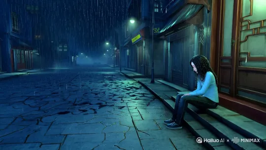 镜号 1 景别：全景 画面：夜幕如浓稠墨汁，沉甸甸地压向大地，细密雨丝如万千银针，斜织交织，将街道氤氲成一片烟雨朦胧之境。街边商铺大多已紧闭门窗，仅余几盏路灯，散发着微弱昏黄光芒，在积满雨水的地面上，反射出斑驳破碎的光影。一位年约二十的女孩，身着单薄的淡青色上衣，下穿深色裤子，孤单地坐在临街商铺前的台阶上。她目光呆滞，神情悲伤，微微颤抖的身躯，似在与这雨夜的孤寂奋力抗衡。女孩一头长发湿漉漉地贴在背上，发梢还滴着水珠。画面以 16:9 的比例呈现，采用 3D 渲染，细节逼真，如路灯上的锈迹、女孩连衣裙上的布料纹理都清晰可见。 时长：5s 运镜：从街道对面斜上方俯拍，镜头缓缓拉近，逐渐聚焦于女孩，可以看到面部表情。 画面风格：融合工笔与手绘水墨绘本风格，以国画颜料绘就，采用 3D 渲染，注重细节逼真呈现。整体色调偏冷，浓重墨色勾勒夜幕与雨幕的深邃，淡墨轻染表现积水路面的粼粼反光。商铺以淡赭石与花青色勾勒轮廓，尽显陈旧沧桑，其门窗的木纹、招牌的字迹等细节栩栩如生。女孩的淡青色上衣用工笔细腻线条精心勾勒衣褶，凸显材质质感，头发以浓墨细致描绘，强化其雨夜中的孤独无助，每一根发丝的湿润状态都清晰可辨。雨丝通过淡墨与白色线条巧妙结合，手绘出朦胧且淅淅沥沥的质感，雨滴的形状和落下的轨迹都刻画得十分细致。 音效：淅淅沥沥的雨声连绵不绝，偶尔夹杂远处汽车碾压积水路面发出的 “唰唰” 声。 by Hailuo AI Video Generator
