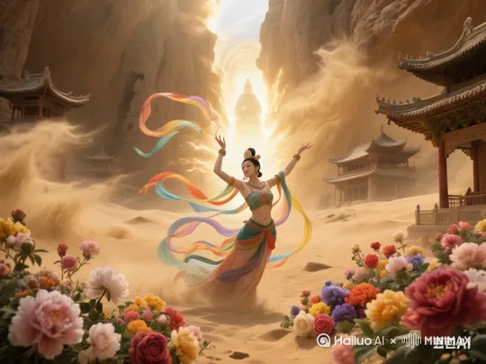 黄沙漫天飞舞，画面中敦煌飞天人物散发一道光芒，脚下周边沙漠瞬间鲜花盛开。光芒中沙尘消失，[拉远,上升,下摇] by Hailuo AI Video Generator