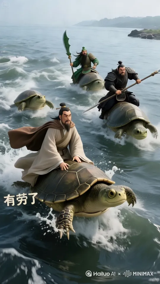 - 运镜：先中景拍摄三人骑鳖入水，然后拉远成远景展示在江中
动作：三人骑稳鳖背，老鳖奋力游动，四肢划水；江水冲击，浪花溅到他们身上。
  氛围：紧张刺激，波涛汹涌的江水增加了渡江的危险感。江水冲击浪花飞溅，远景展示在波涛中朝对岸前行，中景转远景
 主体动作提示词：三人骑鳖，老鳖划水[推出,上升,下摇] by Hailuo AI Video Generator