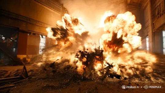 一个废旧的工厂发生爆炸啊，一只巨龙从废墟中走出来， by Hailuo AI Video Generator
