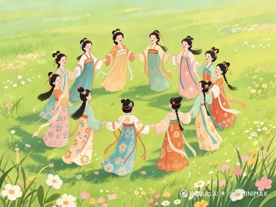 图中的美女们随着音乐的节奏。欢快的跳舞，边跳边转圈圈 by Hailuo AI Video Generator