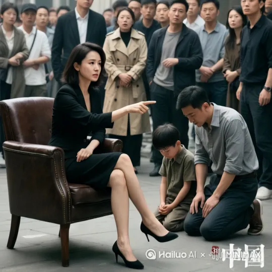 昨夜，父子俩一晚上凌晨4点才回家，母亲气了，天不亮，母亲就把父子俩弄在大街上当着众人的面来跪下，路人们都纷纷议论，有的还拿起手机来拍下了这一幕，发到了网上。 by Hailuo AI Video Generator