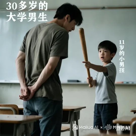周末,一名30多岁的大学男生和30多岁的大学女生吵架,大学男生还打了大学女生一巴掌,结果被一个11岁的小男孩看见了,小男孩就把他带进了一间教室里好好教训了一顿,小男孩很严肃很严厉的告诉他这是不对的行为!!暴力解决不了问题,你要和谐点!不然下次还有这样的事情,我就用棍子把你给打残!大哥哥害怕的低下头把手放在背后点了点头,嗯了一声,从那之后30岁大学男生再也没犯过这事,11岁的小男孩也勉强的原谅了他。 by Hailuo AI Video Generator