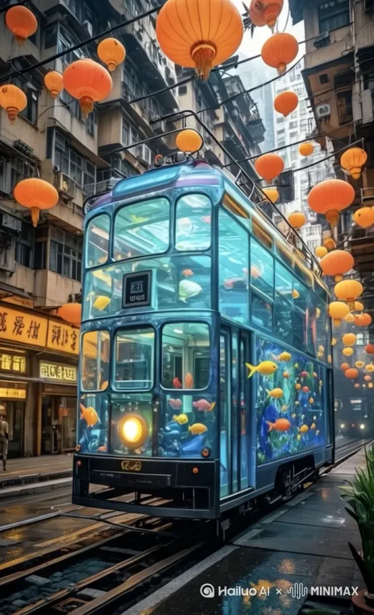 一辆超现实的玻璃有轨电车，设计如同水族馆，在香港古老的城市街道缓慢平稳行进，电车内由透明玻璃墙构成，内部充满清澈透明的水，清晰可见的色彩斑斓的异国鱼儿欢快的游来游去，营造出令人惊叹的水下景色，电车在光滑的轨道上周围是充满活力，细节丰富 by Hailuo AI Video Generator