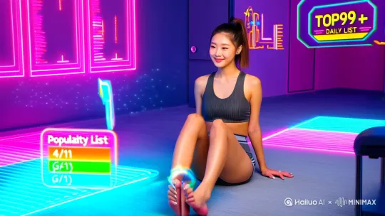 亚洲女性大学生主播，25岁，微微一笑，高马尾，穿着运动内衣和短裤，光腿光脚，十个脚趾清晰可见的，十分粉嫩，脚趾银色指甲油"  
   - "直播动作：坐在地上，双脚抬起一高一低，脚底红润，十分粉嫩，模仿蹬自行车、侧坐拉伸、腿部开合运动（参考‘格局’栏目动作）"  镜头拉近脚部特写[左移,右摇,跟随]

2. **场景**：  
   - "虚拟直播间，背景是霓虹灯光和数据流，漂浮‘人气榜’‘点赞’等全息弹幕"  
   - "左下角有‘啤酒礼物’进度条（41/41），右上角显示‘TOP99+争夺日榜’的竞争动画"  

3. **风格**：  
   - "赛博朋克现实主义，高对比度色彩，荧光粉蓝紫色调"  
   - "界面元素参考游戏UI，带有‘治愈点赞’‘AITO弹幕’等文字气泡" by Hailuo AI Video Generator