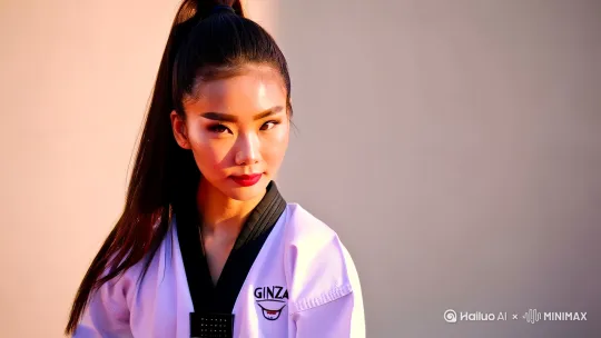 • 人物外貌：中国年轻女性，面容姣好，五官比例协调。棕黑色长发柔顺有光泽，精心扎成高马尾，发尾微微扬起，增添动感。眉形纤细自然，眼眸明亮有神，鼻梁小巧精致，唇形优美，皮肤细腻光滑，挂着几滴小小的水滴，透着健康的光泽。

• 服饰装备：身着传统白色跆拳道服，面料挺括有质感，线条利落流畅。黑色腰带质地紧实，系成规整的蝴蝶结，彰显专业。跆拳道服左侧以精致刺绣工艺绣着“GINZA”字样，字体设计简洁且具现代感。

• 动作姿态：正施展跆拳道高踢腿动作，支撑腿稳稳扎根地面，膝盖微屈保持平衡。踢腿笔直有力，脚尖绷直，脚底朝向镜头，红润的肌肉线条因发力而清晰凸显。出拳手臂弯曲，拳心向内置于腰间，另一手臂自然摆动配合身体平衡，整体姿态矫健且充满力量感。[左移,右摇,跟随]

• 光线场景：采用侧逆光布光手法，柔和的自然光线从侧后方洒入，在人物周身勾勒出明亮轮廓，营造出立体感。地面映着光影斑驳的窗格形状，增添画面层次感。背景为纯色浅灰色，无多余装饰，简洁干净，突出人物主体。

• 画质效果：比例16:9，图像分辨率极高，达专业摄影级别，画面细节纤毫毕现，人物发丝、衣物纹理、皮肤毛孔等皆清晰可辨，色彩还原精准自然，光影过渡细腻柔和 by Hailuo AI Video Generator