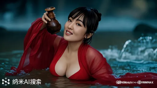 [推出,上升,下摇]轻轻跃出水面少许，水花溅起湿了红衣，微风拂动肩头薄纱，女子将手中酒葫芦举高，酒葫芦中的洒倾泄而下，女子接住倾泄的酒狂饮不止。 by Hailuo AI Video Generator