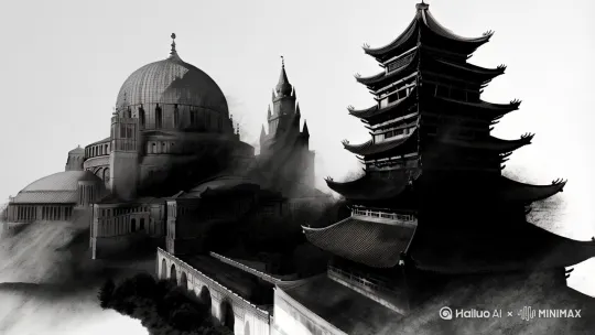 黑白水墨风，整体武侠风格的背景，画面左侧索菲亚教堂轮廓与右侧黄鹤楼剪影通过水墨晕染叠化交融，对称构图展现虚实结合意境，画面向前推进，云雾缭绕的水墨特效贯穿整个画面 by Hailuo AI Video Generator
