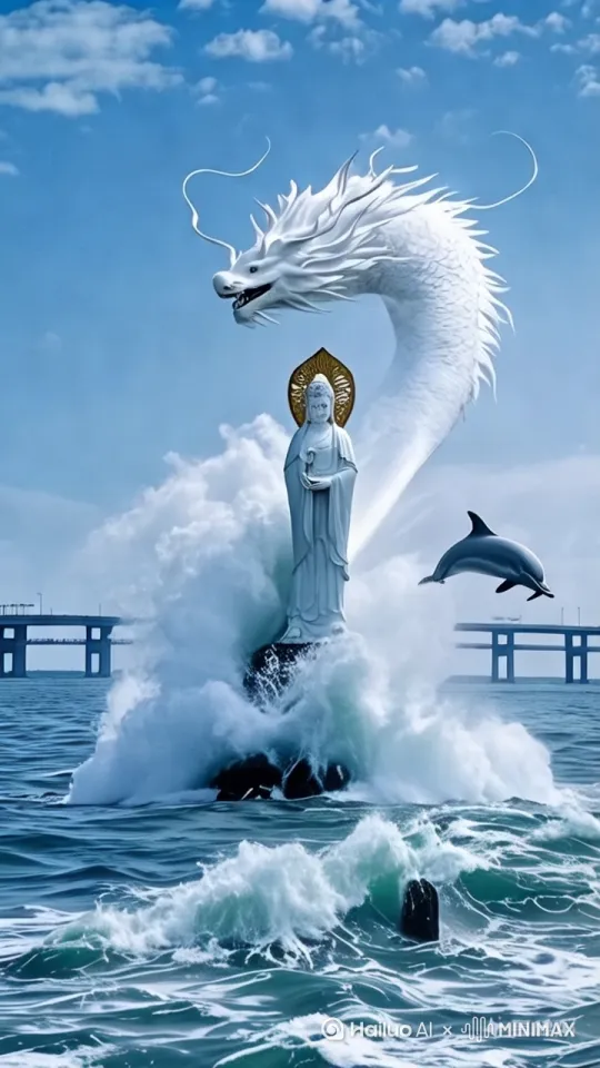 巨大的海巨大的海浪生成一条白色巨龙到空中。白龙头部摆动。白色的海豚高高跃起又落入海面。雕塑和大桥不动。[右移,跟随] by Hailuo AI Video Generator