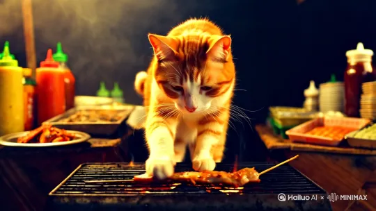 一只橙白条纹的猫站在炭火烧烤架前，专注地用爪子翻转着滋滋作响的羊肉串。烟雾缭绕的摊位四周堆满调料瓶和食材箱，暖光照亮猫咪湿润的鼻尖，炭火星在夜色中划出细微光轨。摄像机静止不动，采用近景构图呈现烟火气息浓郁的街头美食场景 by Hailuo AI Video Generator