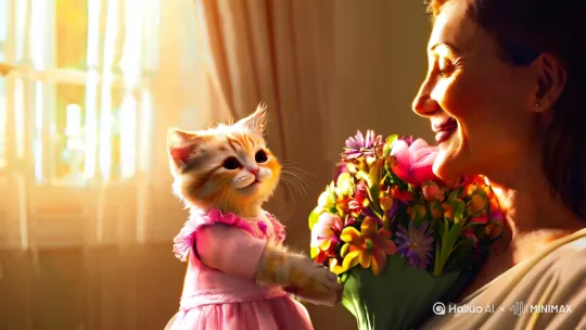 母亲节到了，穿着漂亮裙子的小猫开心地捧着一束花送给女主人，阳光照在女主人的脸上他们都笑得很开心 by Hailuo AI Video Generator