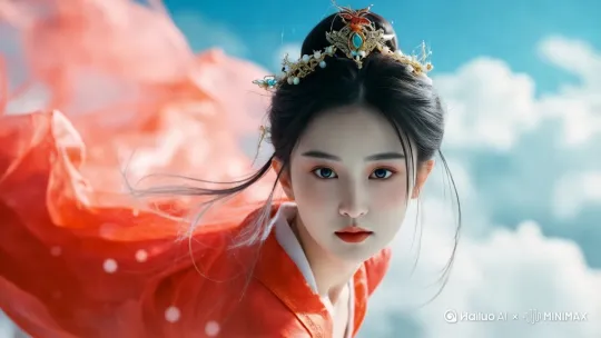身姿曼妙的古装美女，身着一袭绯红色的锦缎长裙，裙摆随风翻卷，恰似流霞飞舞。她头戴精致凤冠，步摇上的明珠在阳光下闪烁生辉。此刻，她于广袤无垠的蓝天白云之间，呈俯冲姿态急速而下。她身姿轻盈矫健，恰似飞燕掠空，眼神专注锐利，直视下方。那湛蓝如宝石的天空与洁白似棉絮的云朵迅速从她身旁掠过，仿佛在为她的英姿让路，整个画面充满了灵动与震撼之感，32K 高清画质。 by Hailuo AI Video Generator