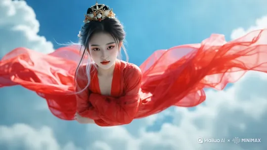 身姿曼妙的古装美女，身着一袭绯红色的锦缎长裙，裙摆随风翻卷，恰似流霞飞舞。她头戴精致凤冠，步摇上的明珠在阳光下闪烁生辉。此刻，她于广袤无垠的蓝天白云之间，呈俯冲姿态急速而下。她身姿轻盈矫健，恰似飞燕掠空，眼神专注锐利，直视下方。那湛蓝如宝石的天空与洁白似棉絮的云朵迅速从她身旁掠过，仿佛在为她的英姿让路，整个画面充满了灵动与震撼之感，32K 高清画质。 by Hailuo AI Video Generator