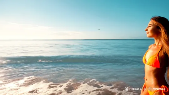 一个穿着比基尼的美女现在海边吹风 by Hailuo AI Video Generator