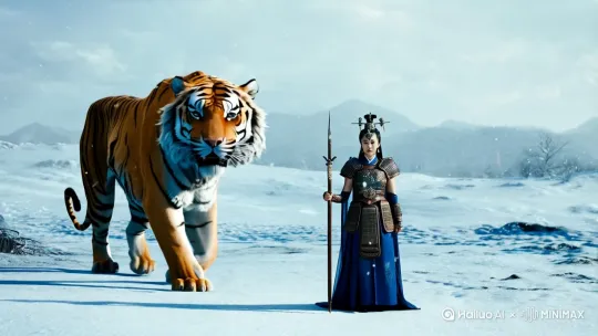 一个东方的手拿长矛，穿着铠甲的美女身后跟着一只巨大的虎在雪地里缓缓走着，要求正面镜头，镜头宽度9:16，虎在镜头里要比美女高大。。。[推进,上摇,晃动] by Hailuo AI Video Generator