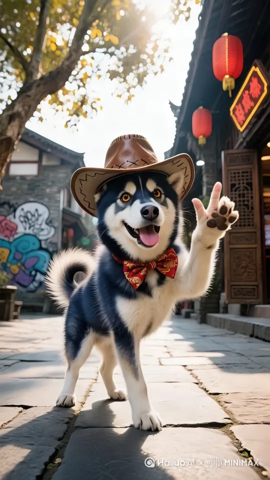 一只哈士奇在街头挑战跑酷运动，按照顺序骑滑板车，运镜拉远+推进+左移+右摇+跟随，时而翻转，然后骑山地自行车，帅气的穿行在街道的人流中，运镜跟随，拍出正常跑酷的视频效果。 by Hailuo AI Video Generator