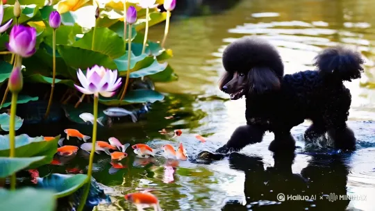 一只黑色的贵宾犬在开满荷花的池塘边戏鱼。 by Hailuo AI Video Generator