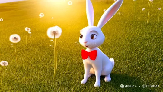 金黄色的阳光洒在嫩绿的草地上，白色的蒲公英随风轻舞，戴着红色蝴蝶结的小白兔球球蹲坐在草地上，脑袋歪向一边，眼睛睁得大大的，充满好奇 by Hailuo AI Video Generator