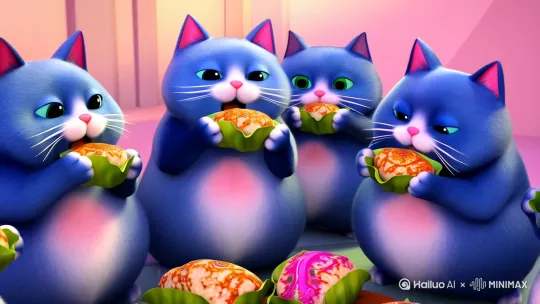 生成一段3D动画风格，画面主体是一群蓝色的胖猫，耳朵内侧为粉色，有着白色的胡须和粉色的鼻子，手里拿着粽子，一边吃一边说话 by Hailuo AI Video Generator