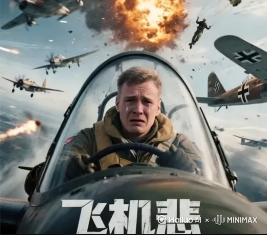 这是这是一场十分惨烈的空战,双方的飞机正在焦灼的对战着,主角被击落了,不断的螺旋向下落下去,然而在他的身后,有不断的飞机正在被互相击毁击落,要有很多爆炸的感觉和飞机的样子,要有很多很多细节,必须让人直观的感受到当时空战的惨烈,要有冲击的余波等各种细节,主角的表情要有细微变化 by Hailuo AI Video Generator