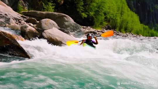 Scène animée d’un kayakiste naviguant à travers des rapides rapides et sauvages à grande vitesse. Le point de vue montre l’eau qui se précipite alors que le kayak avance en avant, éclaboussant violemment les rochers et les vagues. La pagaie est bien en vue, fendant l’eau à chaque coup puissant, envoyant des éclaboussures. On voit les bras du kayakiste pagayer activement, son corps penché dans le mouvement, complètement immergé dans l’expérience intense. Le paysage environnant est un flou d’arbres verts, de falaises et d’eau vive, soulignant le rythme rapide. La scène doit être urgente et palpitante, avec une sensation de mouvement rapide et d’action alimentée par l’adrénaline.翻译 by Hailuo AI Video Generator