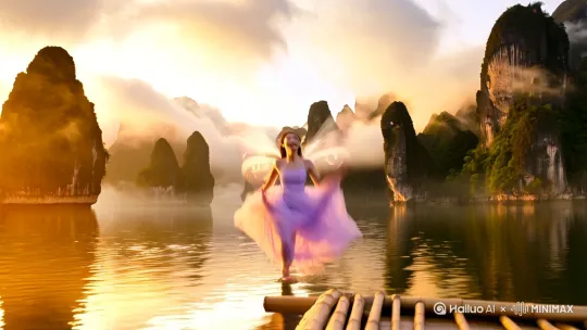 ((Best quality)), ((ultra-detailed facial features)), ((laughing with dimples)),
(Ethereal fairy leaping between Yangshuo karst peaks:1.3),
flowing lilac silk dress with translucent sleeves, (delicate peach blossom petals swirling:1.2),
(landing on bamboo raft in Li River:1.1), (dynamic wind effects on hair and ribbons:1.4),
(cinematic golden hour lighting:1.3), (Tyndall effect through morning mist:1.2),
(volumetric clouds over Guilin-style mountains:1.1),
(slight motion blur in movement:1.05), (reflection in water:1.1),
--ar 9:16 --v 6.0 --style raw --q 2 by Hailuo AI Video Generator